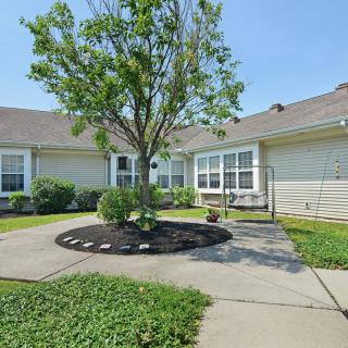 A well-maintained courtyard with a central tree surrounded by a paved pathway on a sunny day.