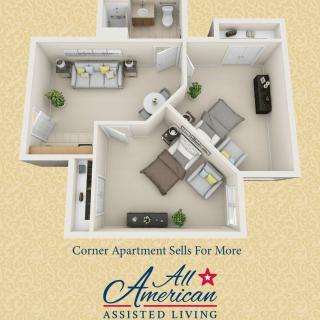 3D floor plan of a corner apartment in an assisted living facility.