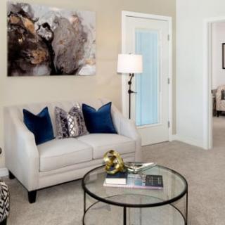 A modern living room with a stylish sofa, decorative pillows, and a glass coffee table.