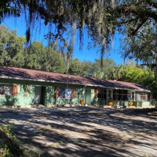 A serene green house under the shade of large trees on a sunny day.