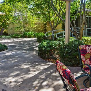 A sunny garden pathway with colorful patio chairs surrounded by lush greenery.