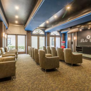A modern indoor theater with comfortable seating and a large screen.