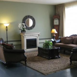 A cozy living room with elegant furniture, featuring a fireplace and decorative elements.