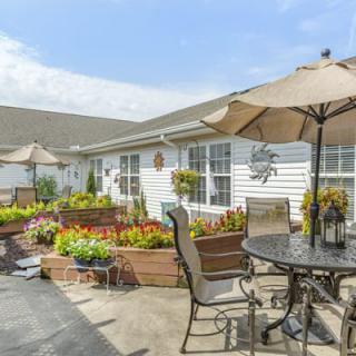 A sunny patio with outdoor furniture, umbrellas, and vibrant flower planters.