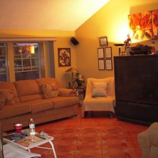 A cozy living room with a sofa set, a television, and various decorative elements.