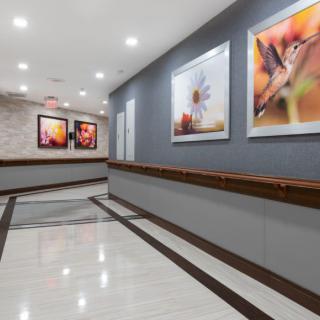 A modern hallway with framed artwork and warm lighting.
