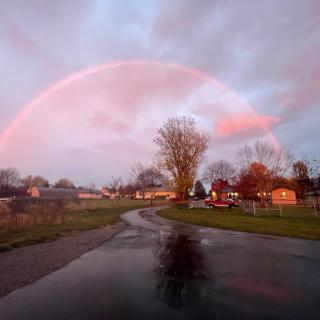 A beautiful rainbow arches over a serene landscape, reflecting on a wet pathway as the sun sets behind the clouds.