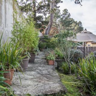 A tranquil garden pathway lined with various potted plants and a patio umbrella in the background.