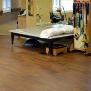 A physical therapy room equipped with rehabilitation equipment and a treatment table.