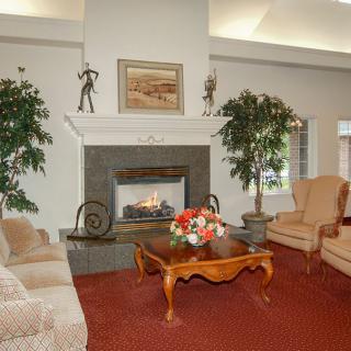 A cozy living room with a fireplace, comfortable seating, and decorative elements.