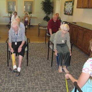 Elderly individuals participating in a seated exercise class using resistance bands.