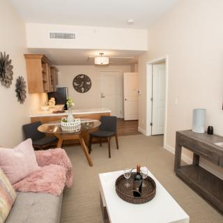 A modern apartment living room with a cozy dining area and contemporary decor.