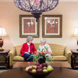 Two seniors engaged in a warm conversation while seated on a comfortable couch in a cozy living space.
