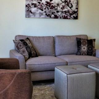 Cozy living room with a comfortable sofa, decorative cushions, and stylish wall art.