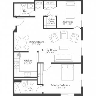 A detailed floor plan of a two-bedroom apartment layout with separate living and dining areas.