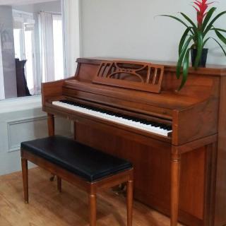 A wooden upright piano with a matching bench and a plant on top.