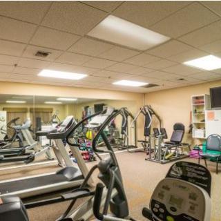 A well-equipped gym with various exercise machines including treadmills, an elliptical machine, and a stationary bike.