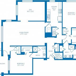 A detailed floor plan of an apartment showing room layouts and dimensions.