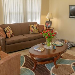 A cozy living room with a comfortable sofa, colorful cushions, and a wooden coffee table adorned with fresh flowers.
