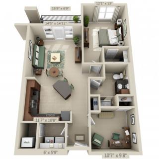 A 3D floor plan of a modern two-bedroom apartment featuring a spacious living area, kitchen, and bathroom.