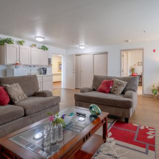 A cozy living room with comfortable couches and a glass-top coffee table, featuring vibrant decor and greenery.