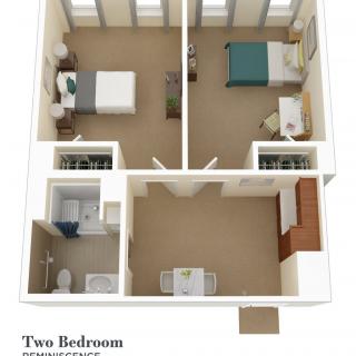 A floor plan of a two-bedroom apartment with a bathroom and living area.