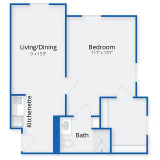 A floor plan of a one-bedroom apartment featuring a living/dining area, kitchen, bathroom, and bedroom.