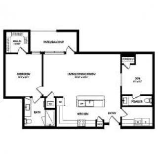 A floor plan of an apartment featuring one bedroom, a living/dining room, kitchen, den, and bathroom.