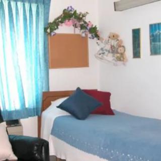 A cozy bedroom with a single bed, colorful cushions, and blue curtains.