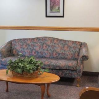 A cozy seating area featuring a patterned sofa, a wooden coffee table with a plant, and wall decor.