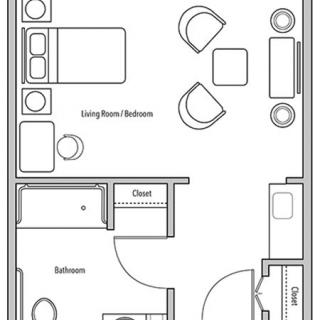 A floor plan of a studio apartment featuring a living/sleeping area, bathroom, and closet.