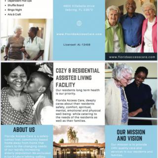 A brochure for City B Residential Assisted Living Facility, highlighting their services and mission.