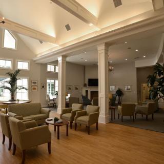 A modern, spacious lobby with comfortable seating and ample natural light.