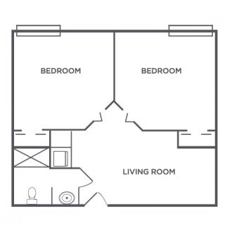 Basic floor plan featuring two bedrooms, a living room, and a bathroom.