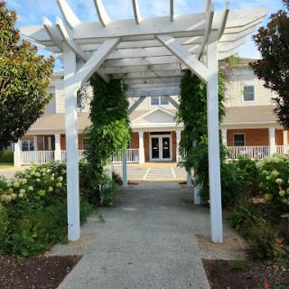 A beautiful entrance framed by a white pergola, leading to a charming house surrounded by lush greenery.