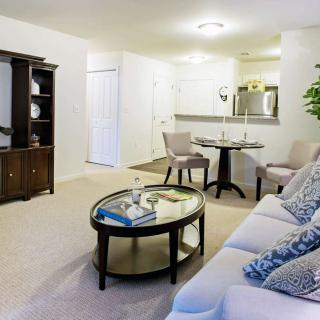 A cozy and well-decorated living room with a view of the dining area and kitchen.