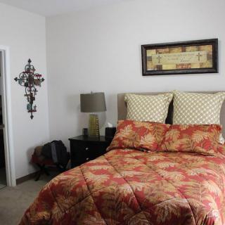 A well-decorated bedroom featuring a bed with patterned bedding, a lamp on the nightstand, and wall art.