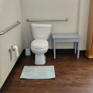 A clean and accessible bathroom setup featuring a toilet, grab bars, and a floor mat.
