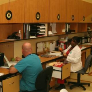 People working at desks in an office setting.