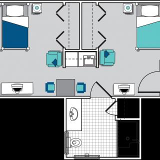 A floor plan of a room with two twin beds, a shared bathroom, and organized furniture.