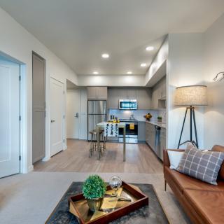 A modern open-concept living room with cozy seating and a view into the kitchen area.