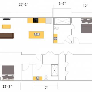 A floor plan illustrating the layout of a residential space, including rooms and furniture placement.