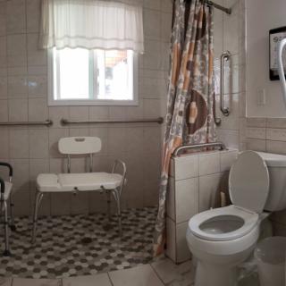 An accessible bathroom with a shower chair and grab bars.