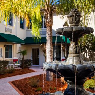 A tranquil courtyard featuring a decorative fountain surrounded by palm trees and a building with green awnings.