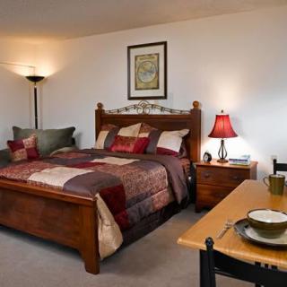 A cozy bedroom with a wooden bed and stylish decor.