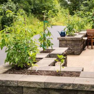 A patio garden with raised beds filled with various plants and vegetables.