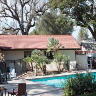 A serene backyard setting with a swimming pool, surrounded by trees and a small house.