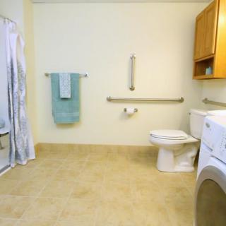 An accessible bathroom with grab bars, a shower, toilet, and a washer.