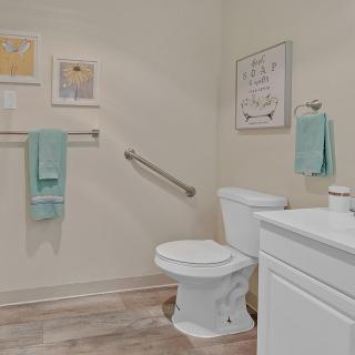 A neatly organized bathroom with pastel-colored towels, a grab bar, and artwork on the walls.