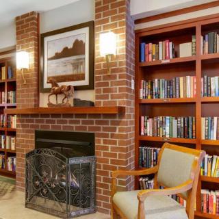 A cozy living room with a brick fireplace, surrounded by bookshelves and an armchair.